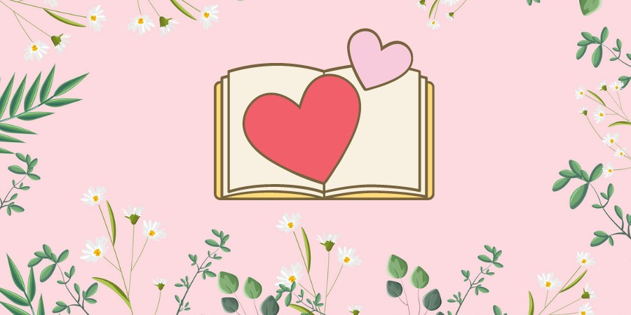 Na różowym tle rysunek książki i dwóch serc