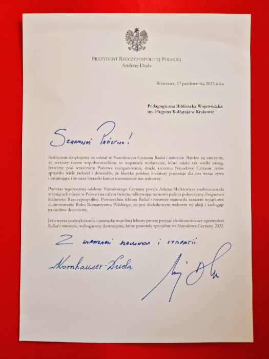Oficjalne pismo z podziękowaniem Pary Prezydenckiej RP