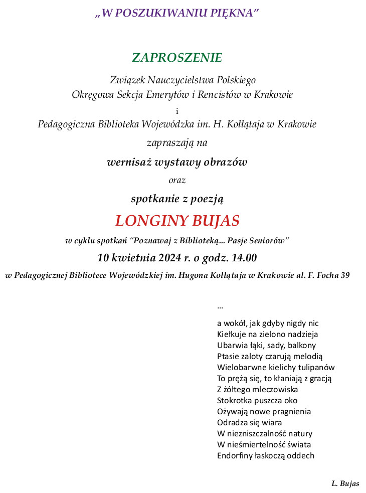 Zaproszenie na wernisaż wystawy obrazów Longiny Bujas