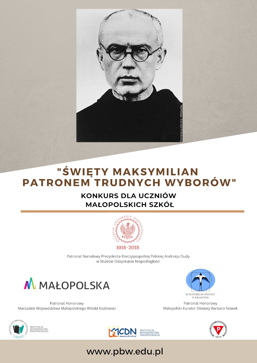 Plakat promujący konkurs "Święty Maksymilian patronem trudnych wyborów"